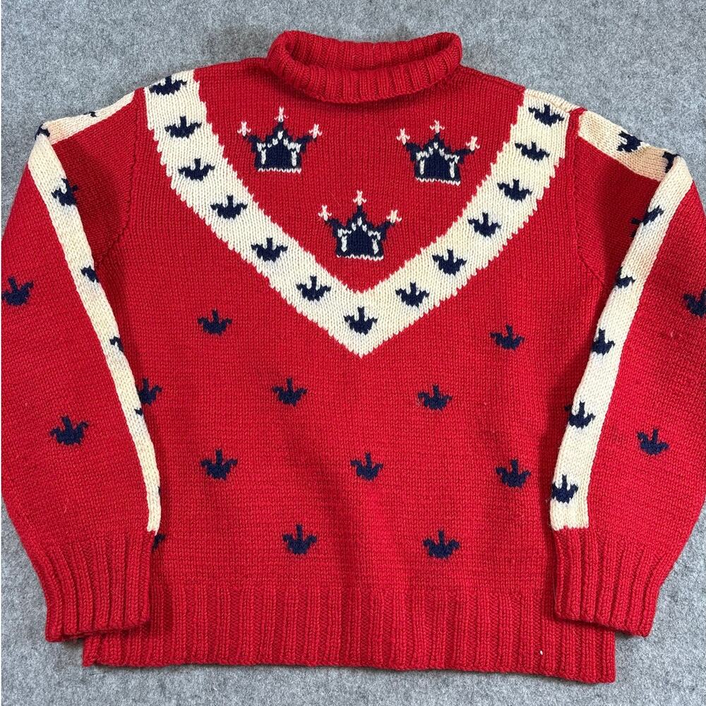Vintage 50s Sweater Mens Red Royal Crown Jumper Pullover Mock Neck Retro Large